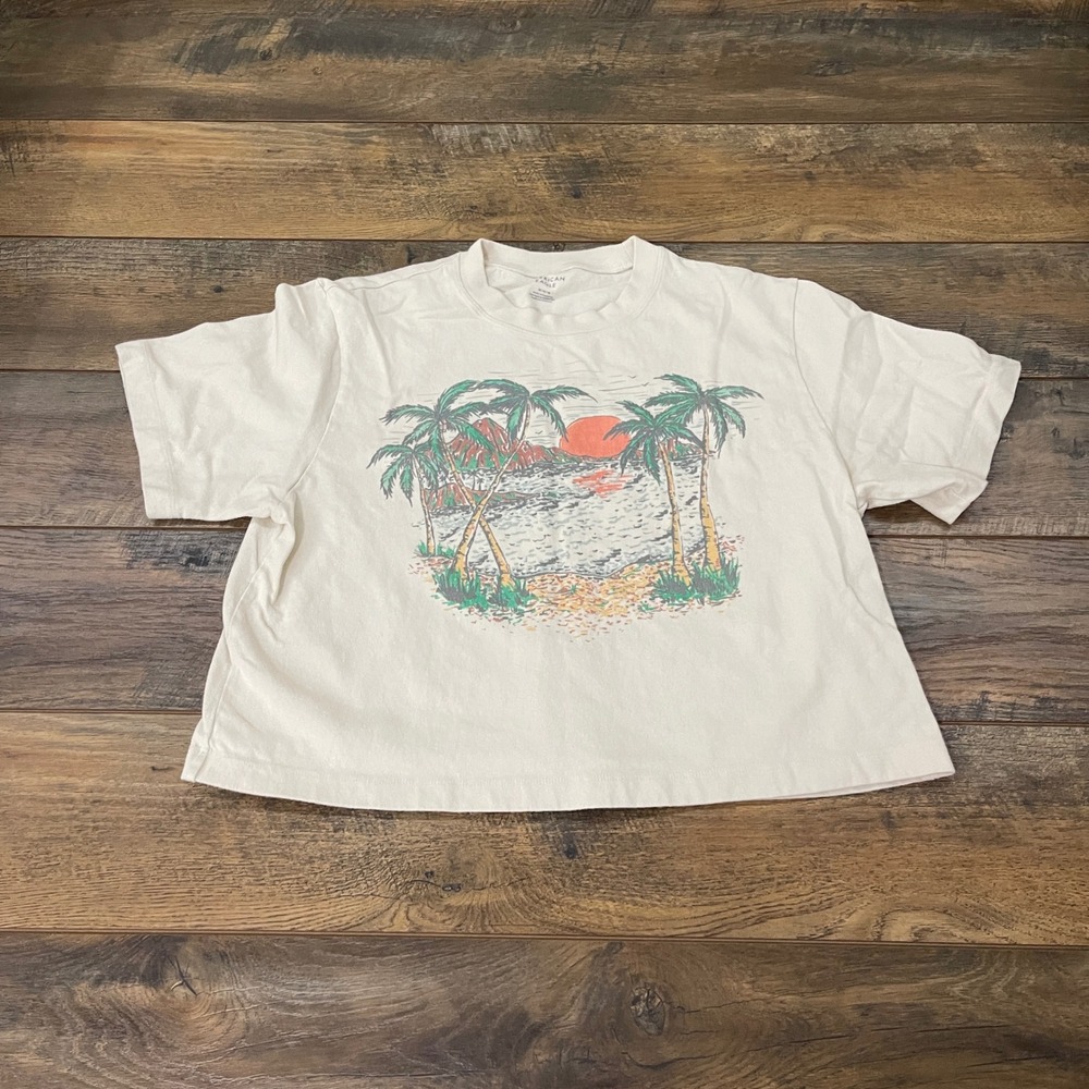 American Eagle Tropical Beach Graphic Crop Top Cream Size M Travel Streetwear